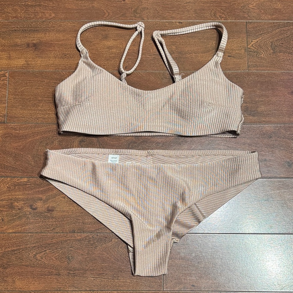 Aerie Shiny Ribbed Beige Two-Piece Bikini Set